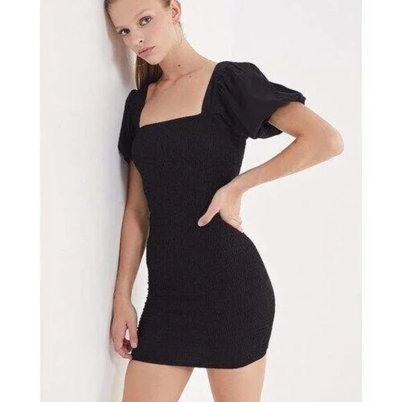 black long sleeve glitter bodycon dress Hannah Smocked Shoulder Tie Midi Dress L / Navy / Rayon